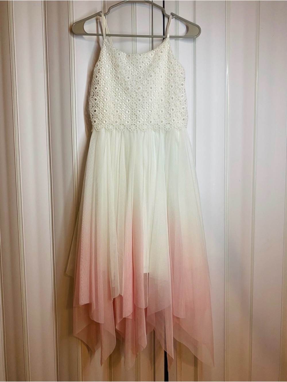 Girls White & Blush Ombre Lace Handkerchief-Hem Party Dress